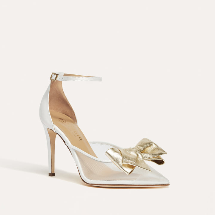 Alma White Mesh Pump Gold Obi Bows Meggan Morimoto