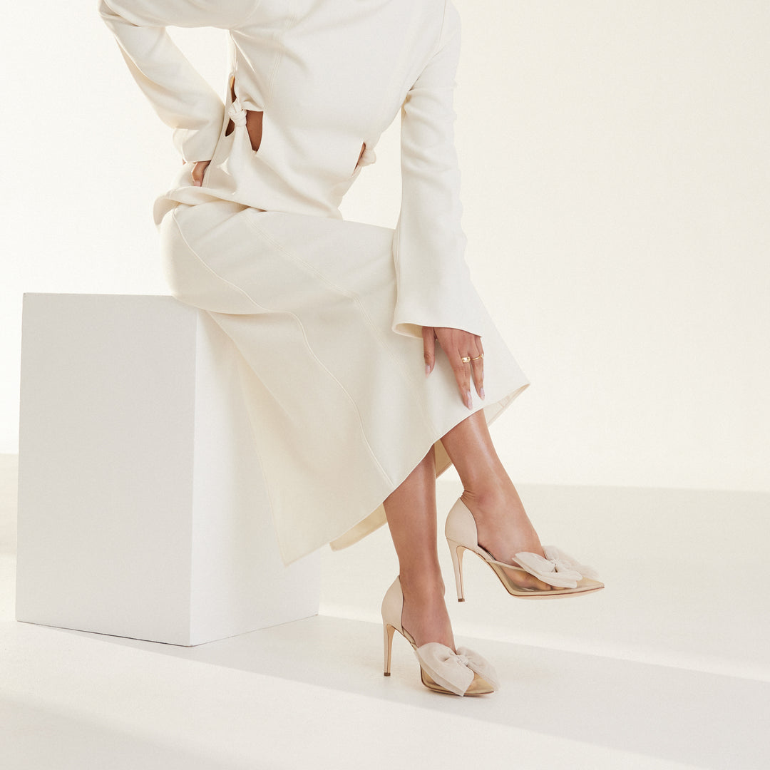 Bianca Beige Mesh Pump Beige Tulle Bows Bridal Shoe Meggan Morimoto