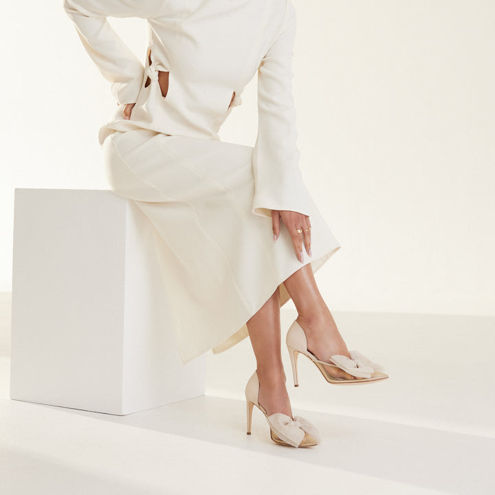 Bianca Beige Mesh Pump Beige Tulle Bows Bridal Shoe Meggan Morimoto