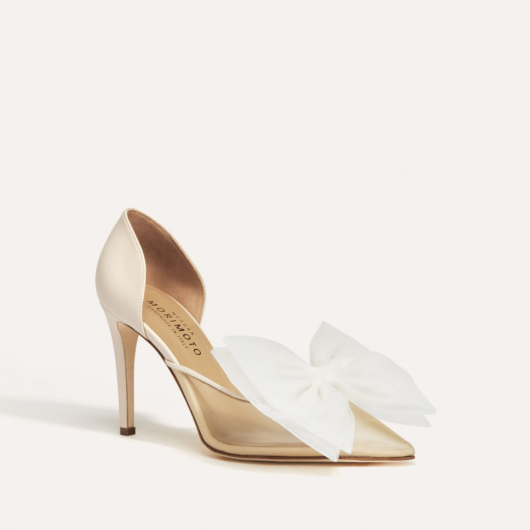 Bianca Beige Mesh Pump White Tulle Bow Meggan Morimoto
