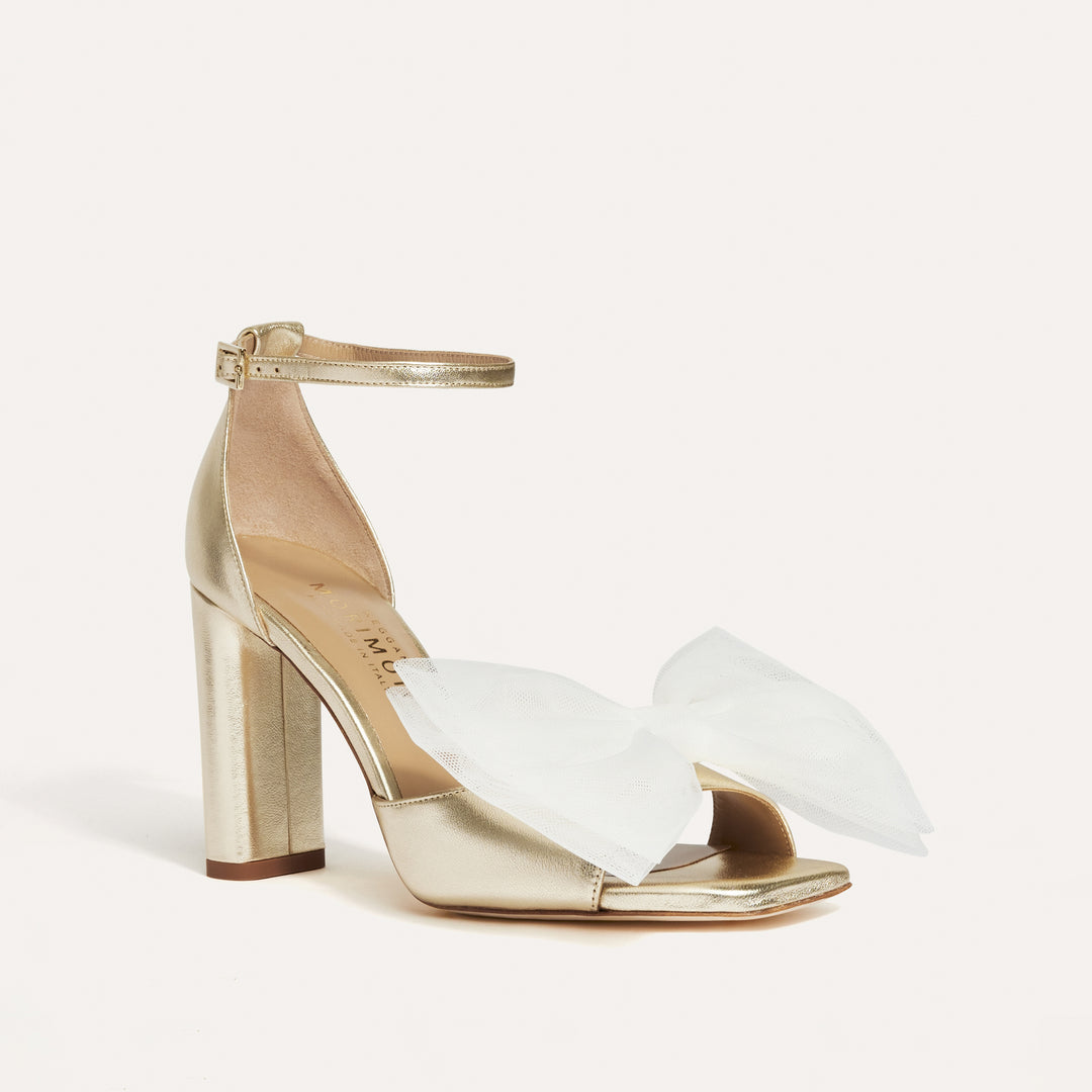 Tatiana Soft Gold Luxury Bridal Sandal White Tulle Bows Meggan Morimoto