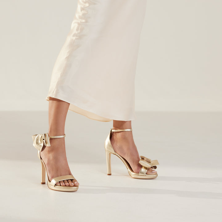 Victoria Pale Gold Platform Sandal Gold Obi Bow Cropped Meggan Morimoto