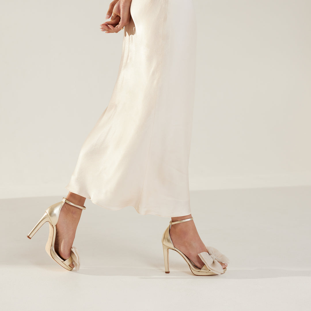 Victoria pale gold platform wedding sandal beige tulle bows Meggan morimoto