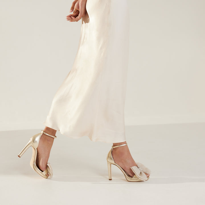 Victoria pale gold platform wedding sandal beige tulle bows Meggan morimoto