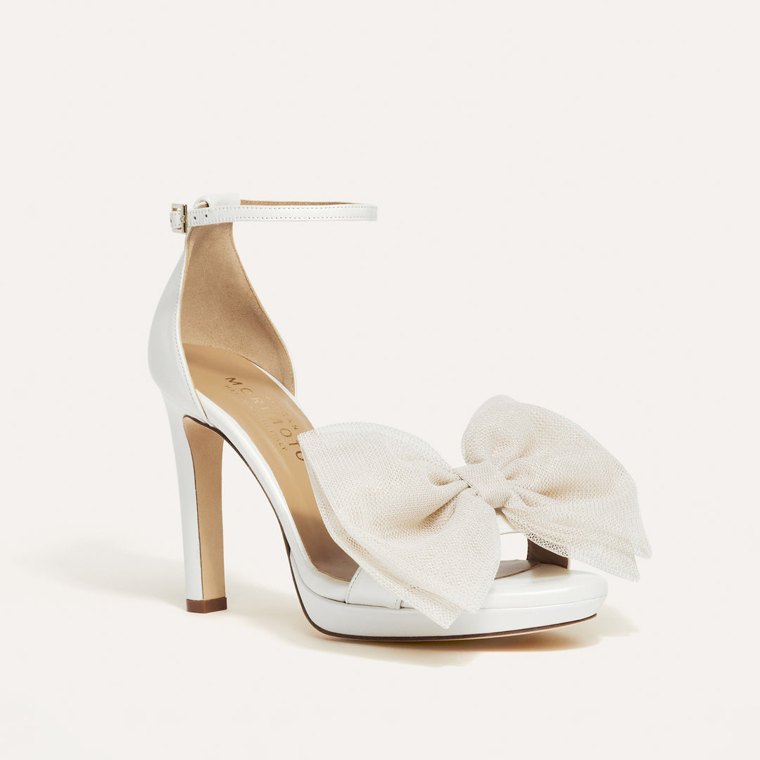 Victoria Pearlised White Platform Sandal Beige Tulle Bow Meggan Morimoto