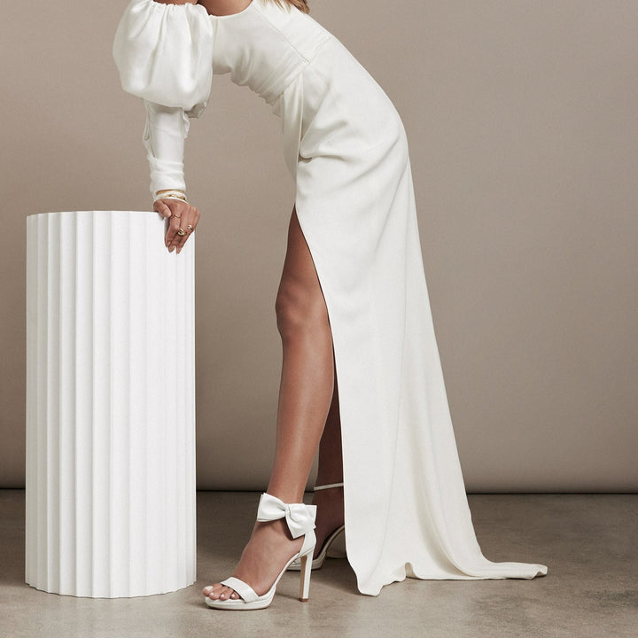 Victoria white platform bridal heels obi bow embellishment Meggan Morimoto