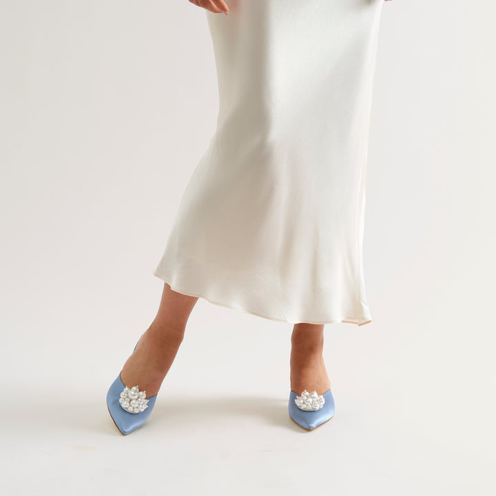 ALIX DUSTY BLUE MULE PUMP PEARL CLUSTERS 80