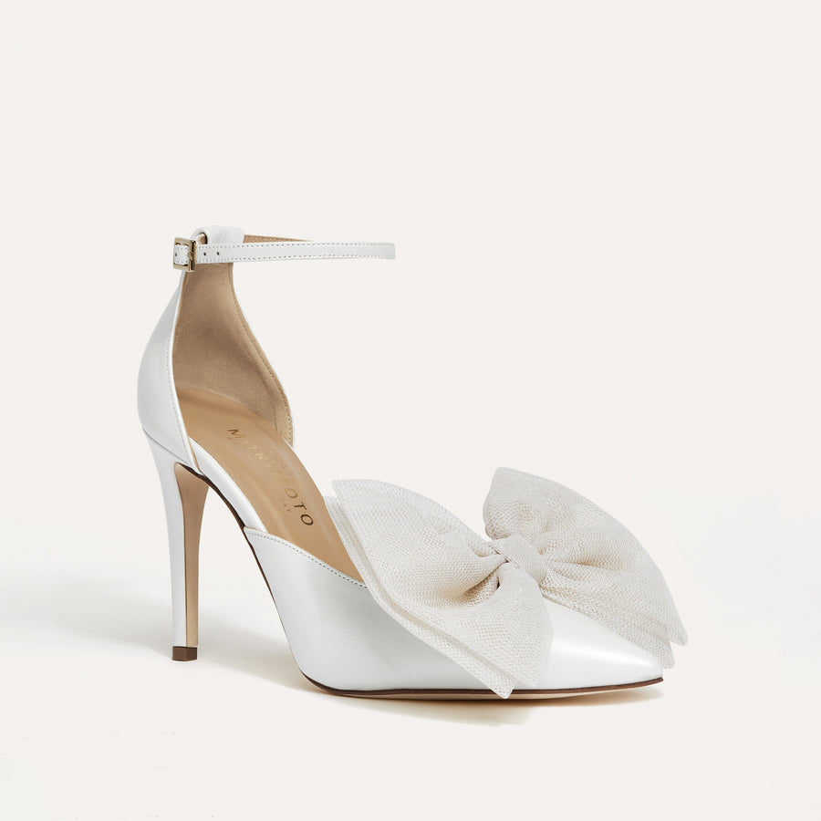 Alma Pearlised White Pump Beige Tulle Bows Meggan Morimoto