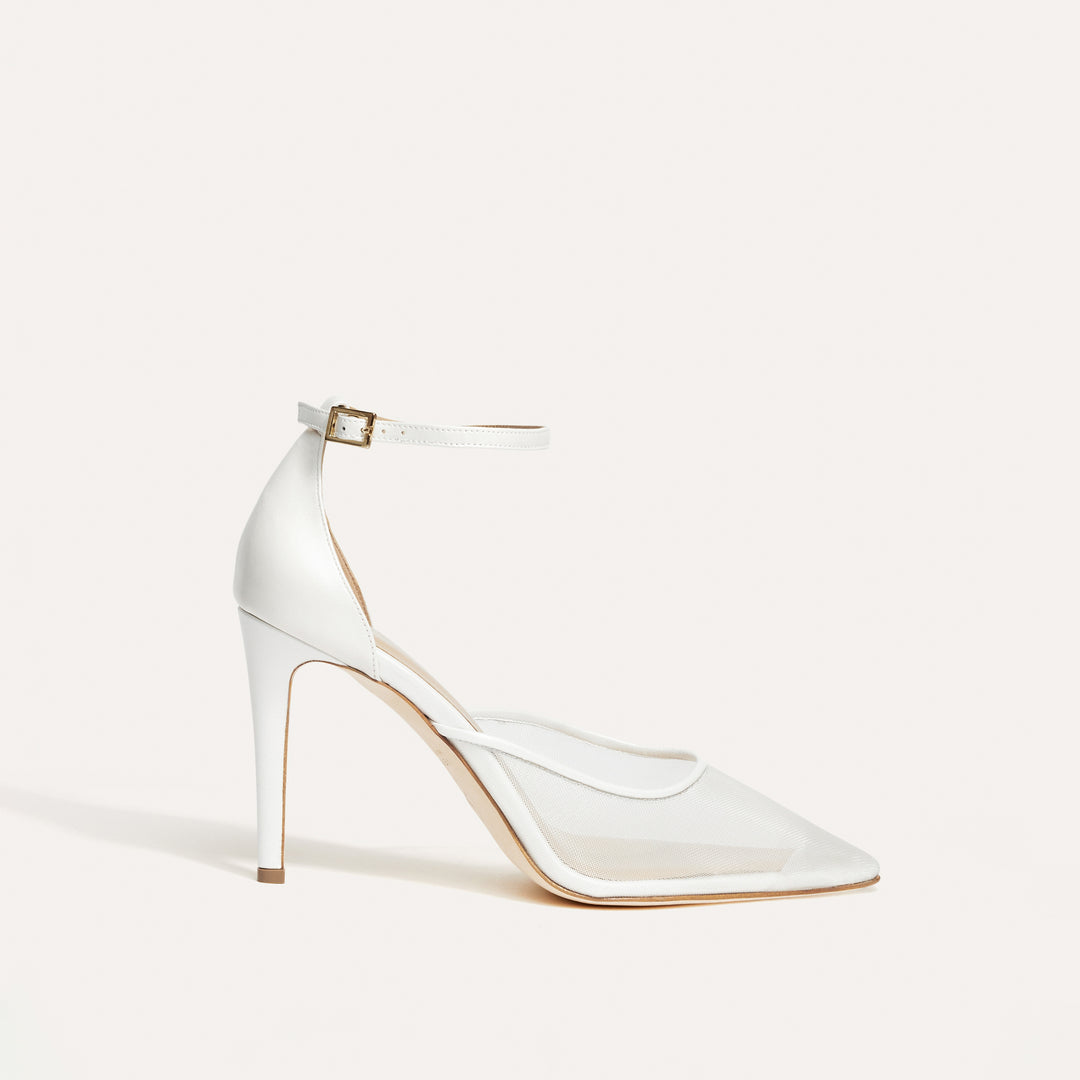 Alma White Mesh Bridal Pump  Side View Meggan Morimoto