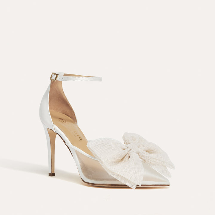 Alma White Mesh Pump Beige Tulle Bows Meggan Morimoto