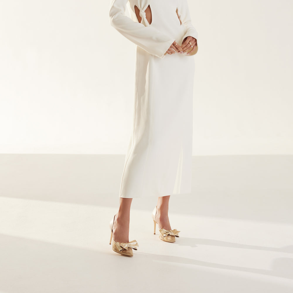 Bianca Beige Mesh Pump Gold Obi Bows Meggan Morimoto