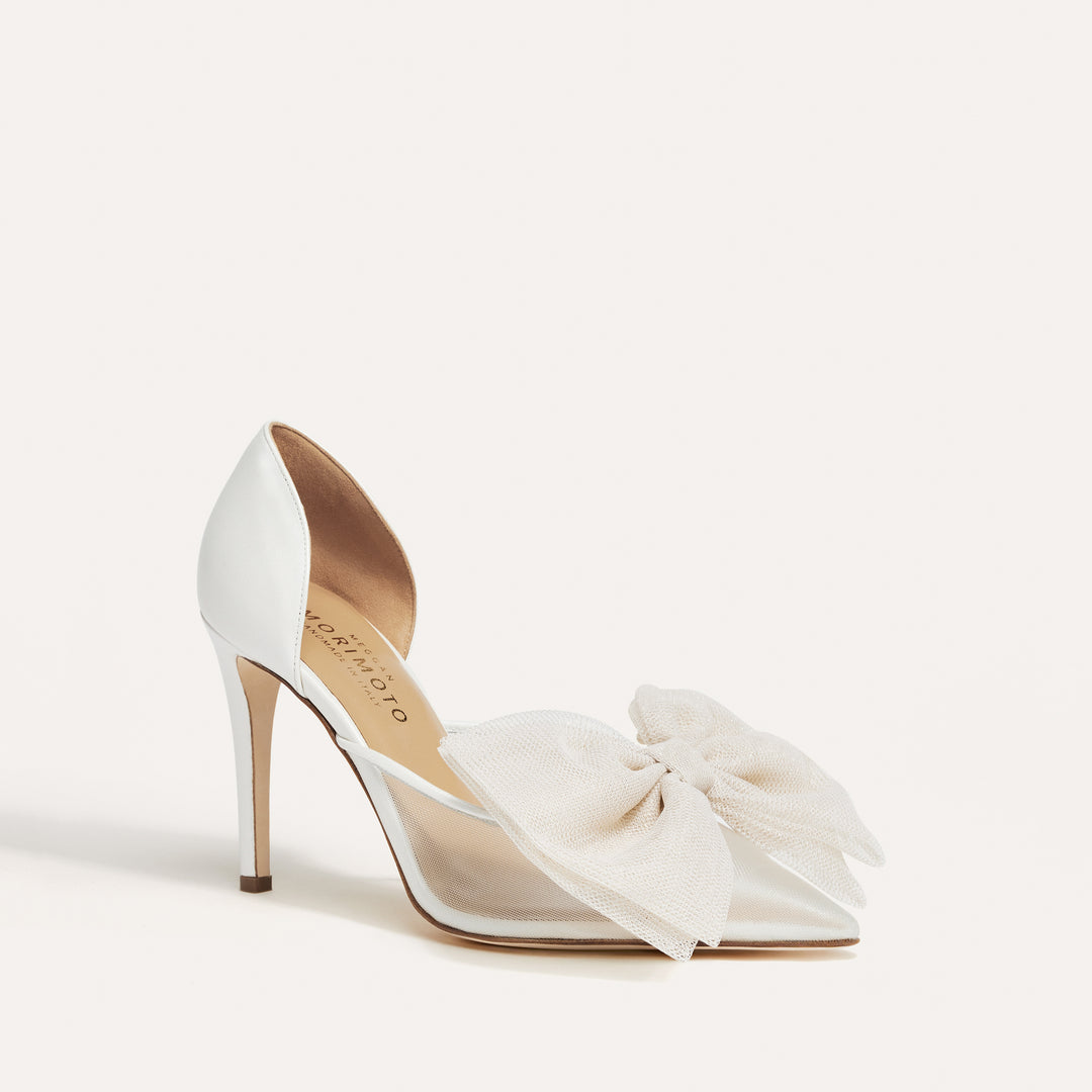 Bianca Pearlised White Bridal Pump Detachable Beige Tulle Bow Meggan Morimoto