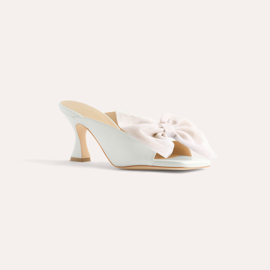 CHERIE PEARLISED WHITE MULE SANDAL BEIGE TULLE BOW 80