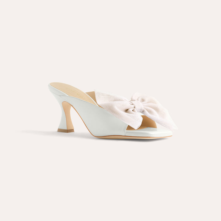 CHERIE PEARLISED WHITE MULE SANDAL BEIGE TULLE BOW 80