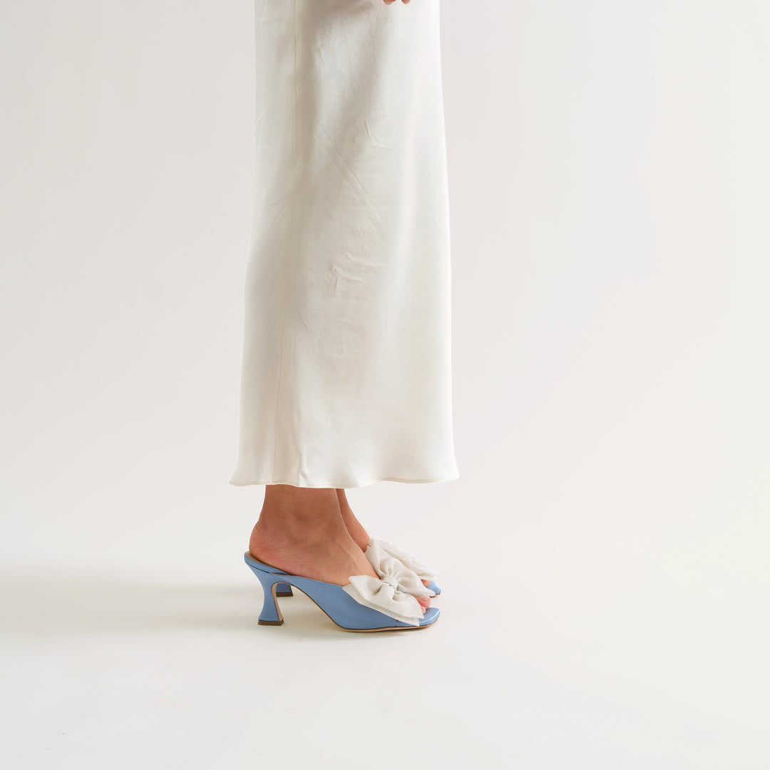 CHERIE DUSTY BLUE MULE SANDAL BEIGE TULLE BOW 80