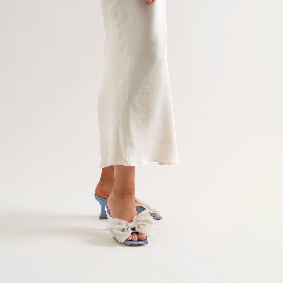 CHERIE DUSTY BLUE MULE SANDAL BEIGE TULLE BOW 80