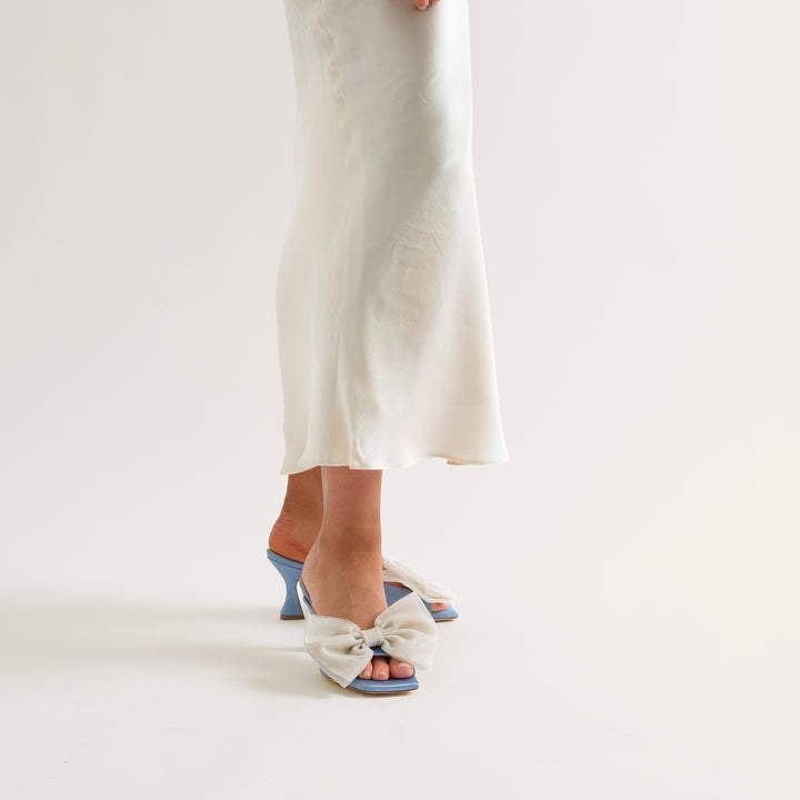 CHERIE DUSTY BLUE MULE SANDAL BEIGE TULLE BOW 80