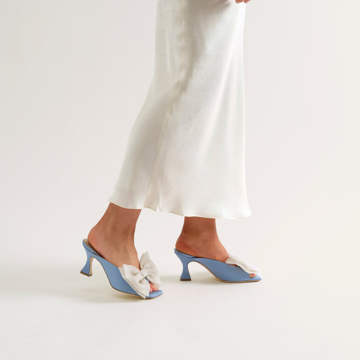 CHERIE DUSTY BLUE MULE SANDAL BEIGE TULLE BOW 80