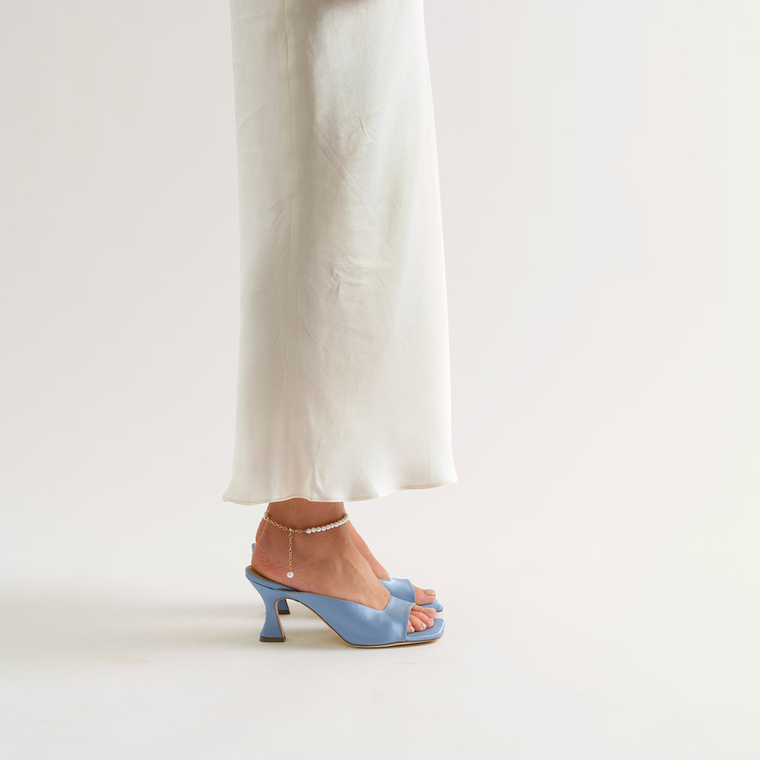 CHERIE DUSTY BLUE MULE SANDAL PEARL ANKLET 80