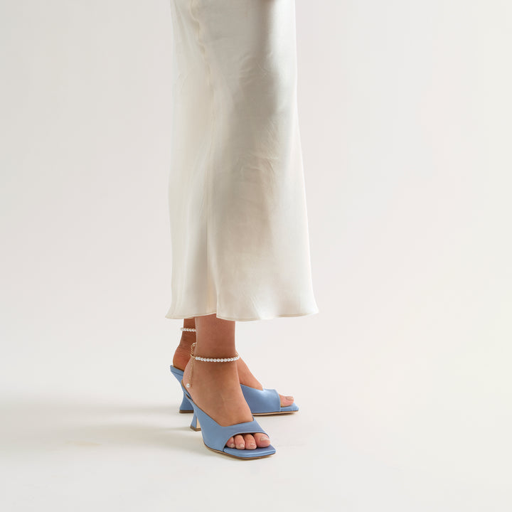 CHERIE DUSTY BLUE MULE SANDAL PEARL ANKLET 80