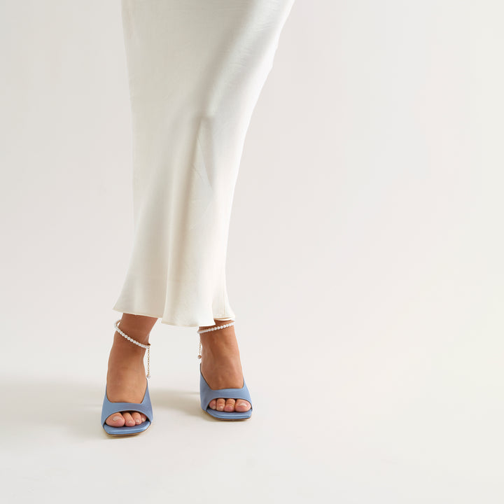 CHERIE DUSTY BLUE MULE SANDAL PEARL ANKLET 80