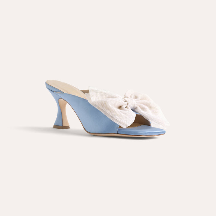 CHERIE DUSTY BLUE MULE SANDAL BEIGE TULLE BOW 80