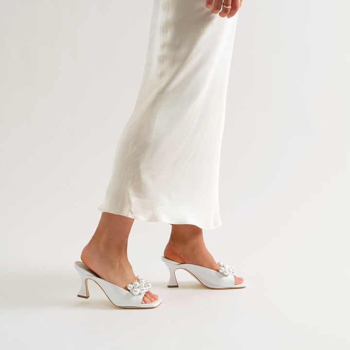CHERIE PEARLISED WHITE MULE SANDAL PEARL CRESCENTS 80