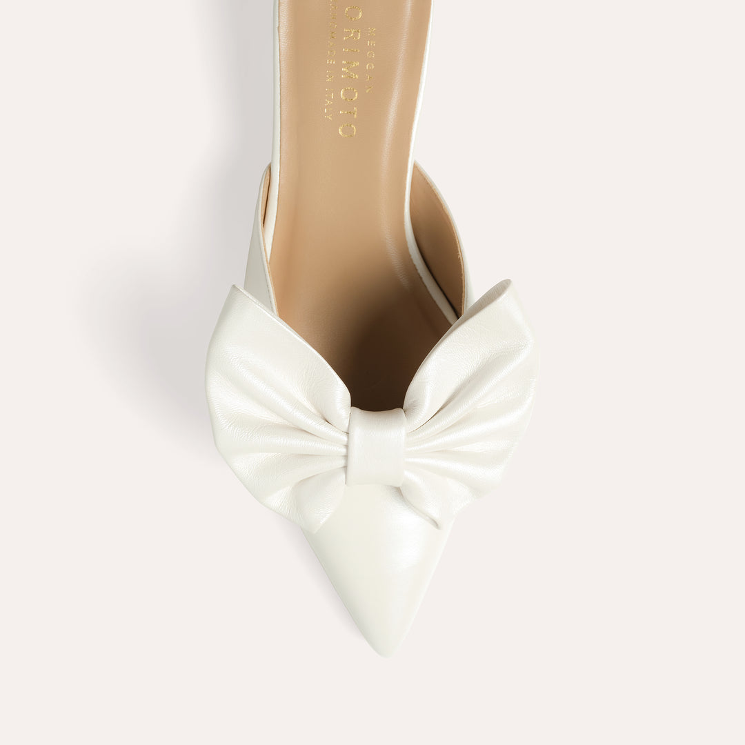 FALLON PEARLISED WHITE MULE PUMP BUTTERFLY BOW 30