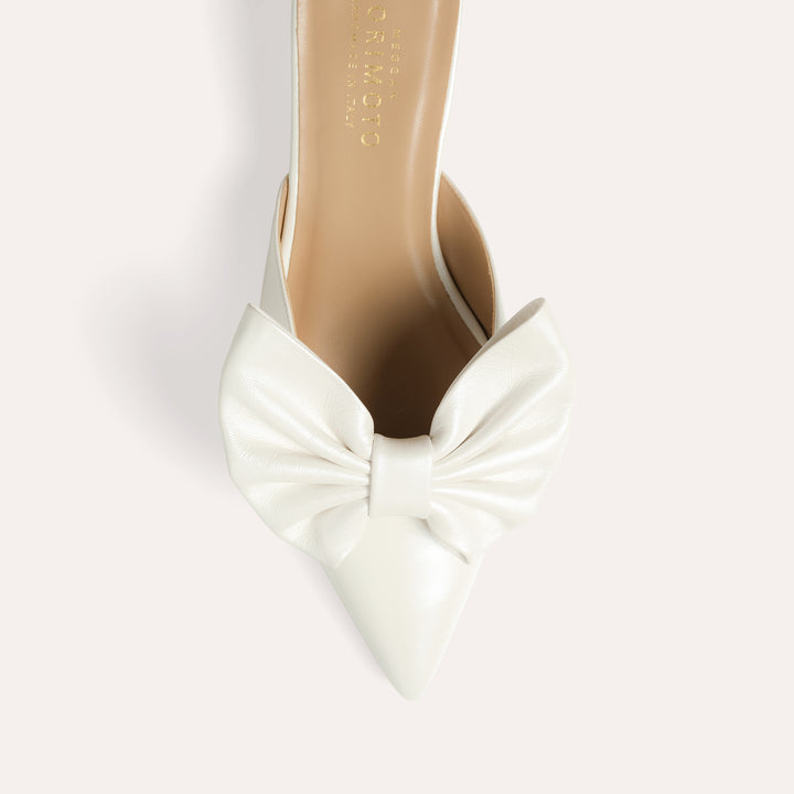 FALLON PEARLISED WHITE MULE PUMP BUTTERFLY BOW 30