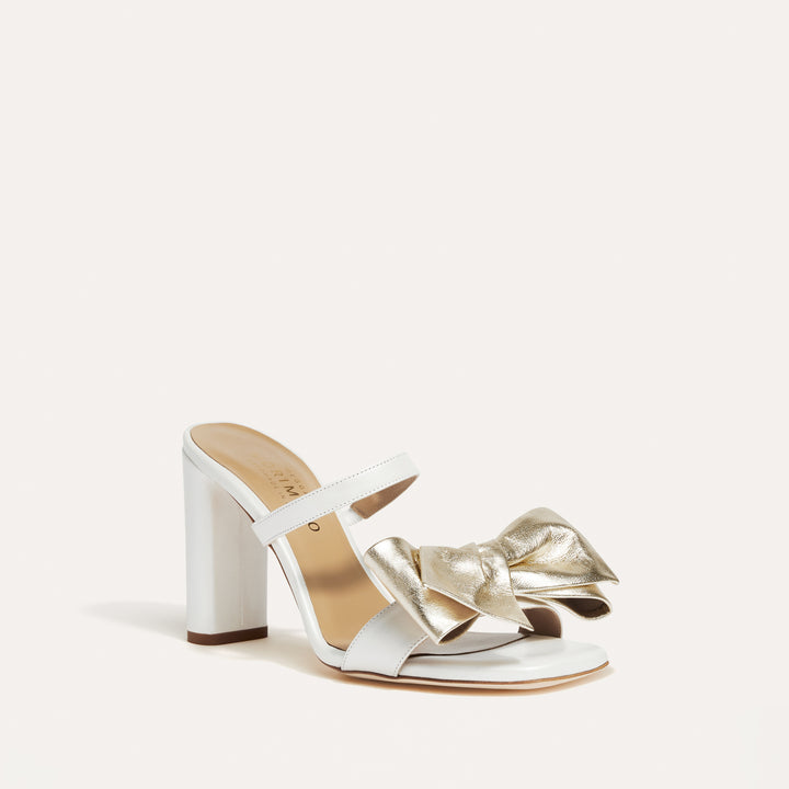 Martina Pearlised White Bridal Mule Detachable Gold Obi Bow Shoe accessory Meggan Morimoto