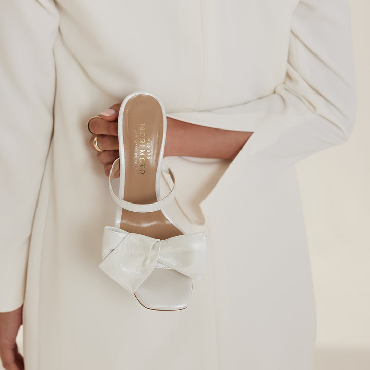 Martina Pearlised White Bridal Mule White Obi Bow Shoe Designer Meggan Morimoto