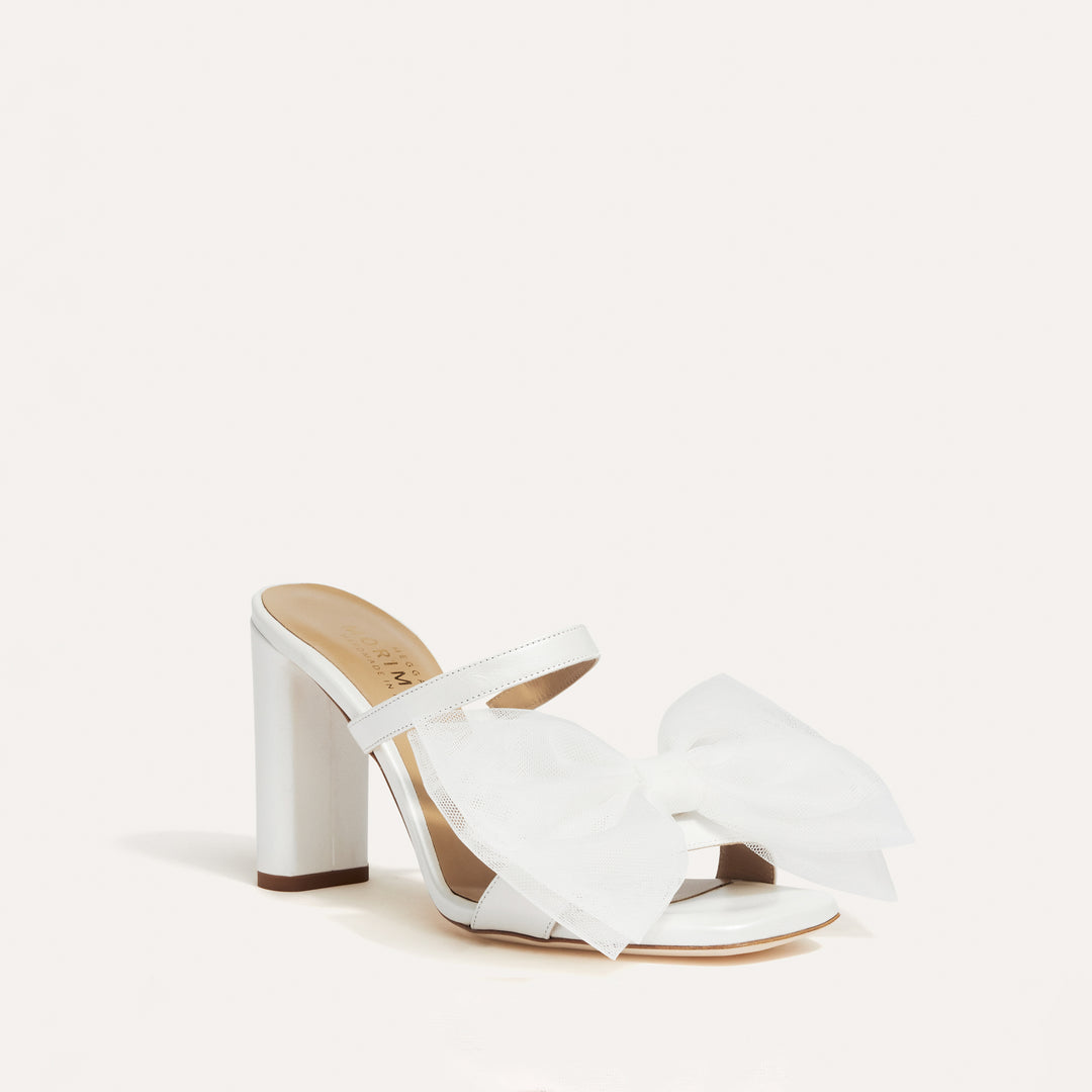 Martina Pearlised White Bridal Mule White Tulle Bow Meggan Morimoto