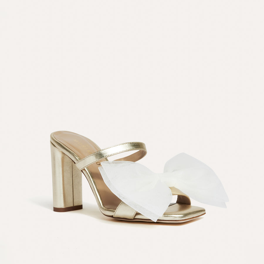 Martina Soft Gold Bridal Mule White Tulle Bow Meggan Morimoto