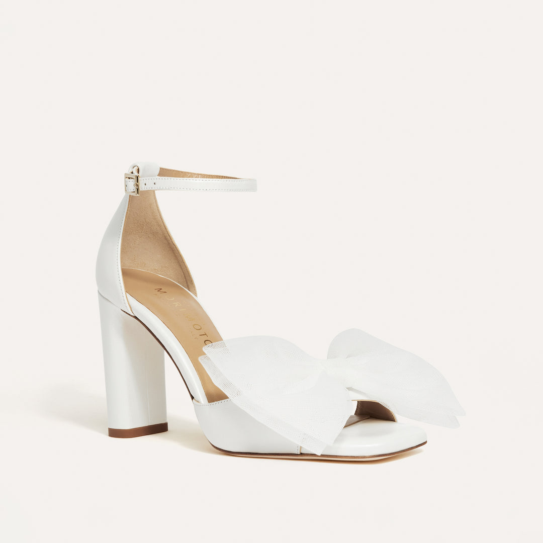 Tatiana Pearlised White Bridal Sandal White Tulle Bow Meggan Morimoto