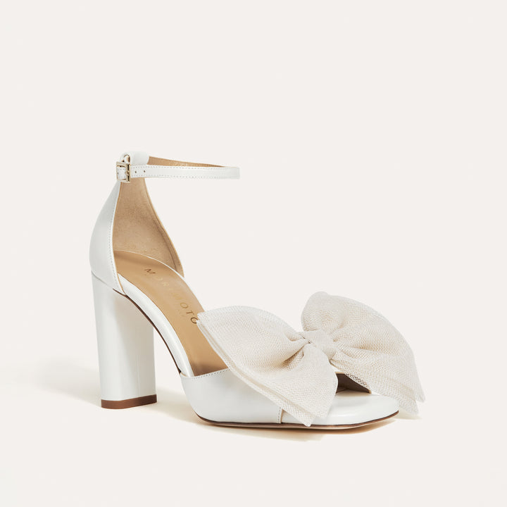 Tatiana Pearlised White Wedding Sandal Beige Tulle Bows Meggan Morimoto