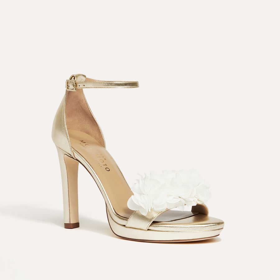 Victoria Pale Gold Platform Sandal White Blossoms Meggan Morimoto