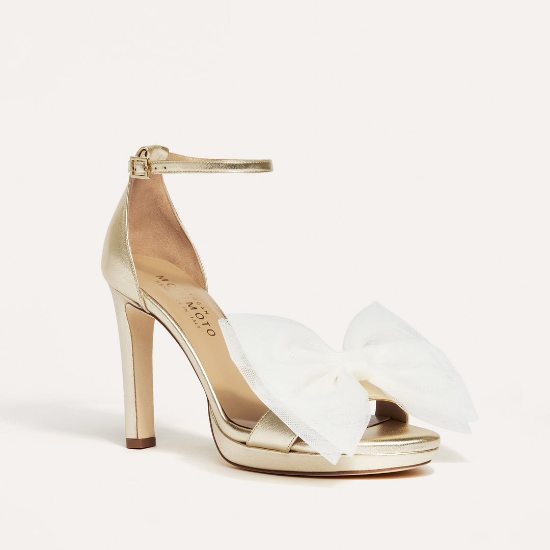 Victoria Pale Gold Platform Sandal White Tulle Bow Meggan Morimoto