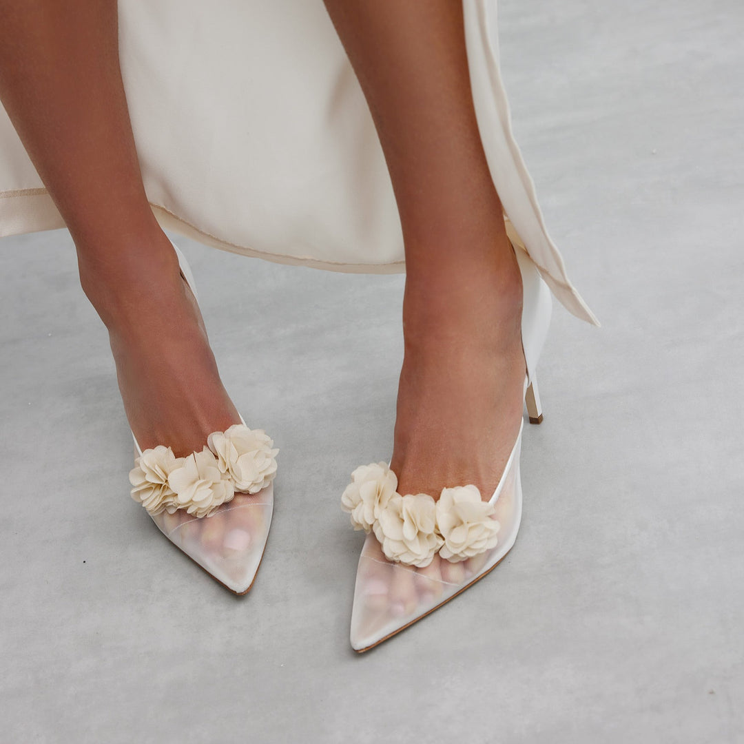 Bianca Pump Detachable Beige Blossoms Model Shot Meggan Morimoto