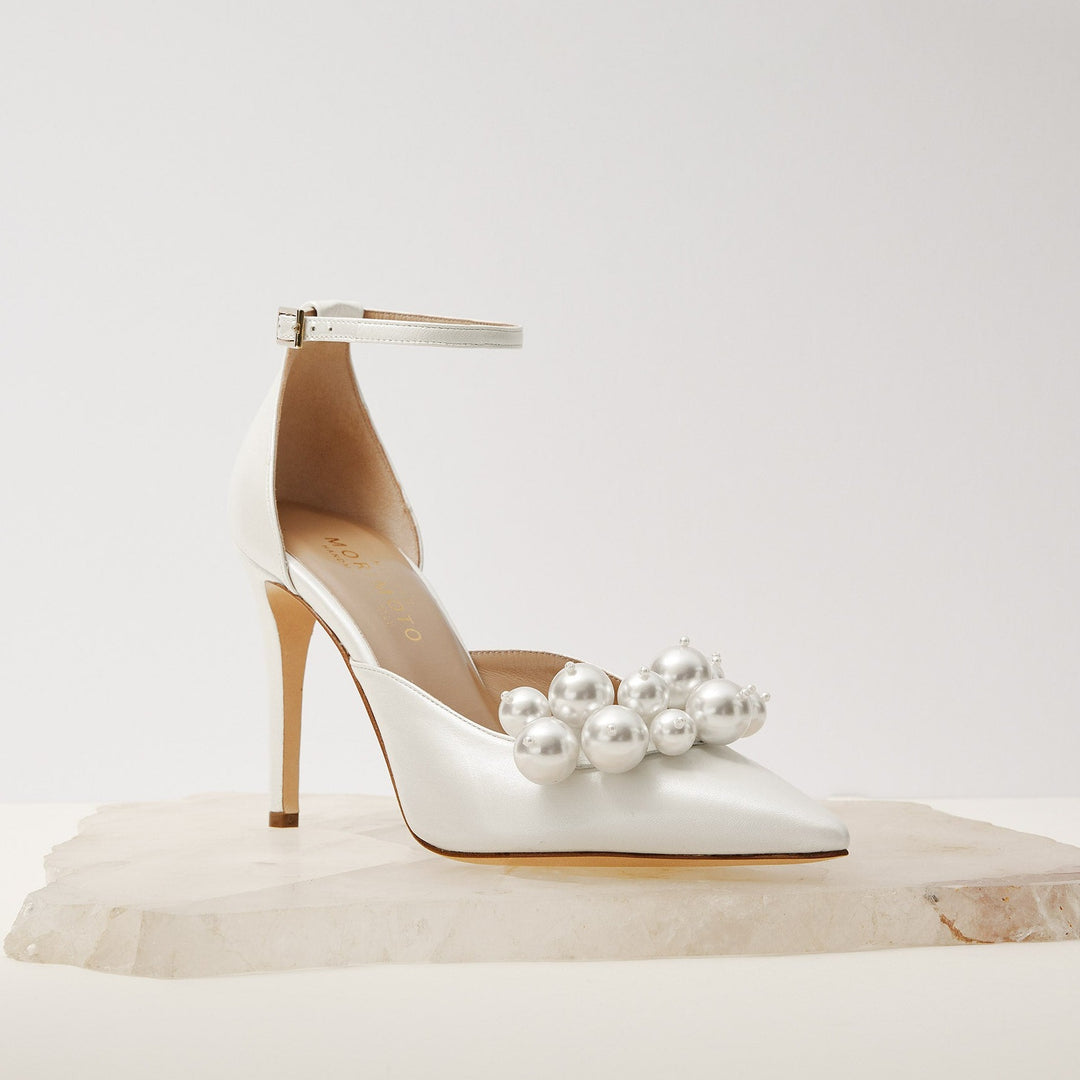 Alma white pearl embellished shoes for bride Meggan Morimoto