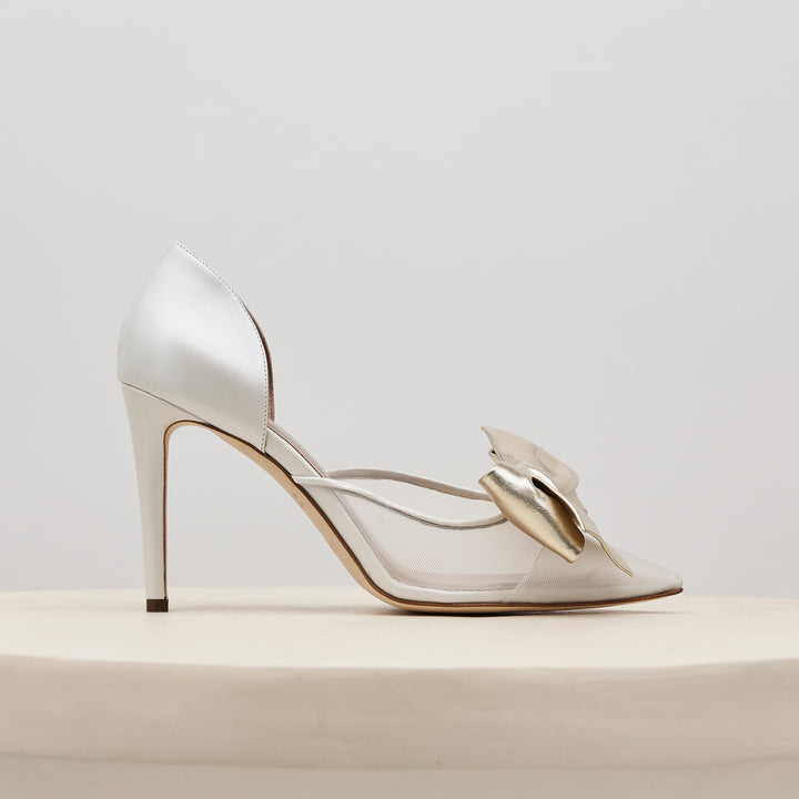 Side View Bianca Pump Gold Obi Bow Meggan Morimoto