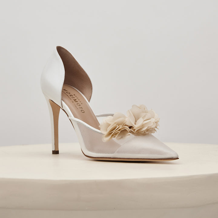 Bianca beige blossom embellished bridal shoes side front Meggan Morimoto