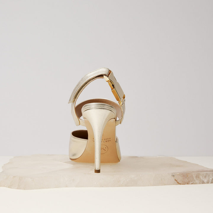 James gold slingback heels back Meggan Morimoto