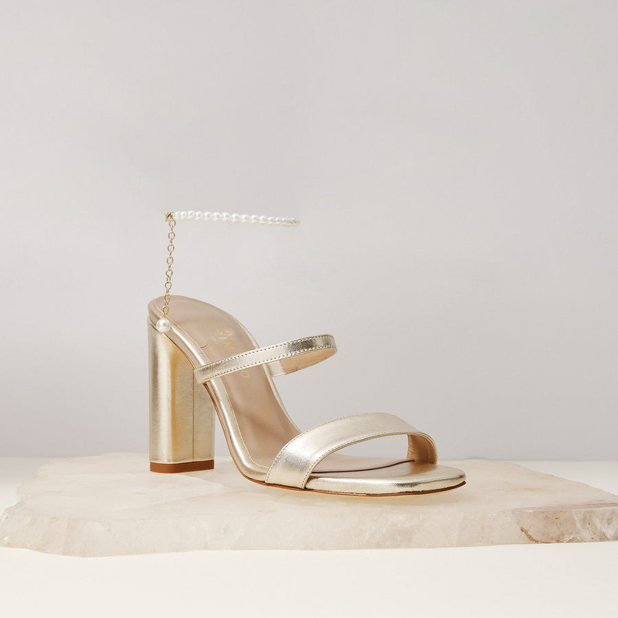 Martina Mule Designer Wedding Heels Pearl Anklet Metallic Gold Meggan Morimoto