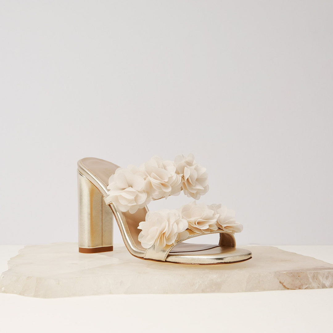 Martina embellished block heel wedding shoes beige blossoms Meggan Morimoto