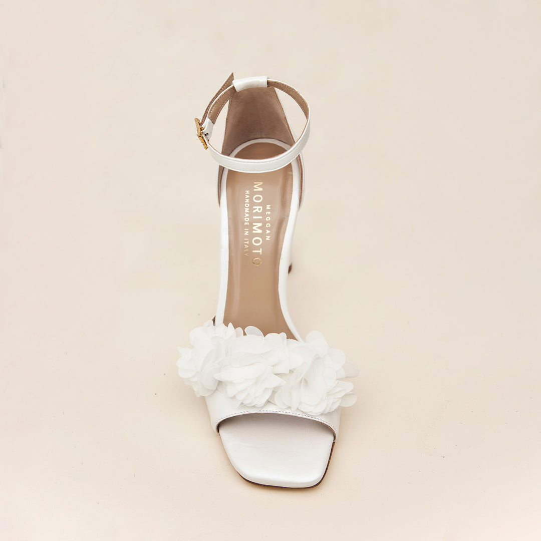 Tatiana Sandal White Blossoms Front View Meggan Morimoto