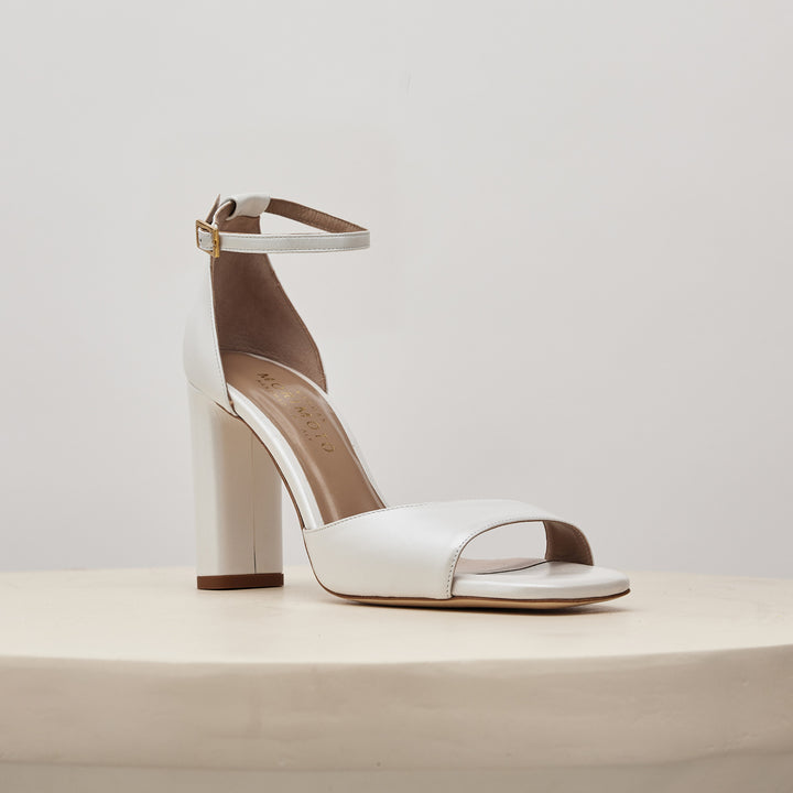 Tatiana White Designer Sandal Block Heel Meggan Morimoto