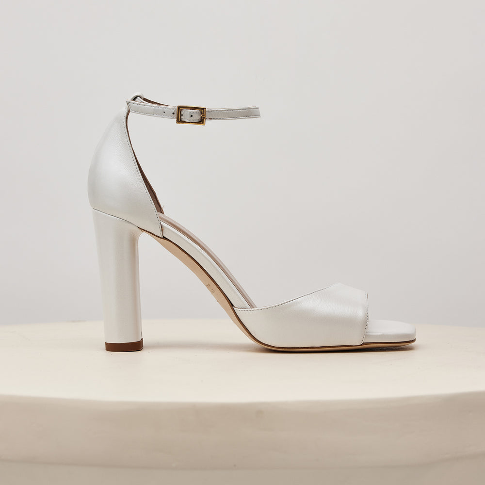 Tatiana white wedding shoes block heel sandal side Meggan Morimoto