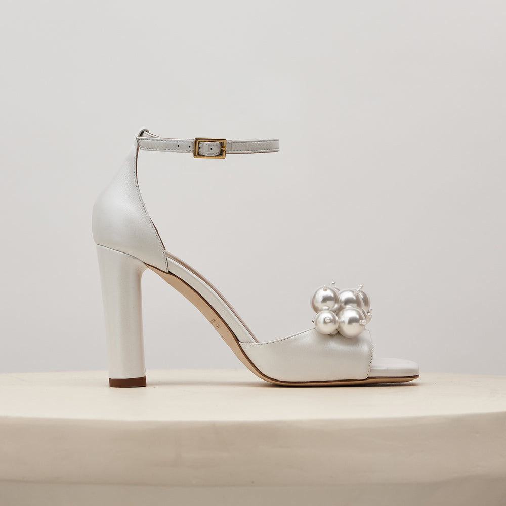 Tatiana White Sandal Pearl Drops Side View Meggan Morimoto