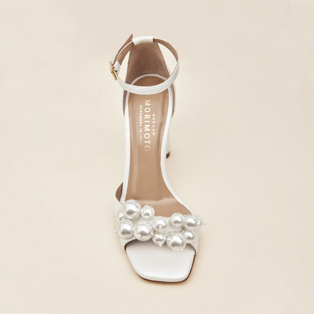 Tatiana White Bridal Sandal Detachable Pearl Drops Above View Meggan Morimoto
