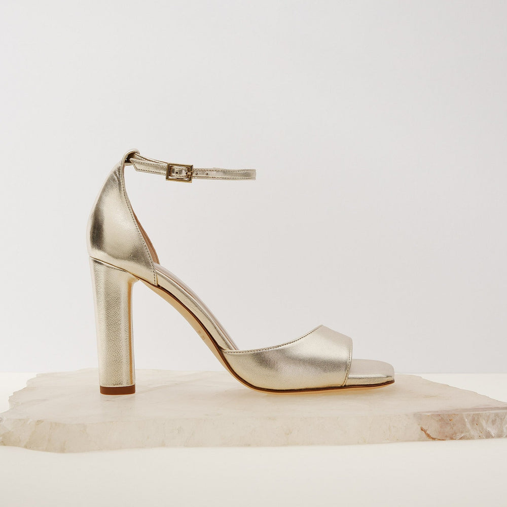 Tatiana gold wedding shoes block heel sandal  side Meggan Morimoto